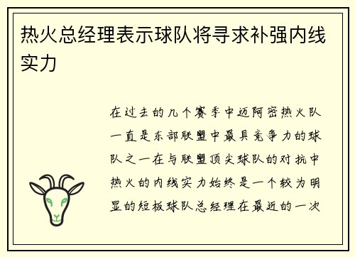 热火总经理表示球队将寻求补强内线实力